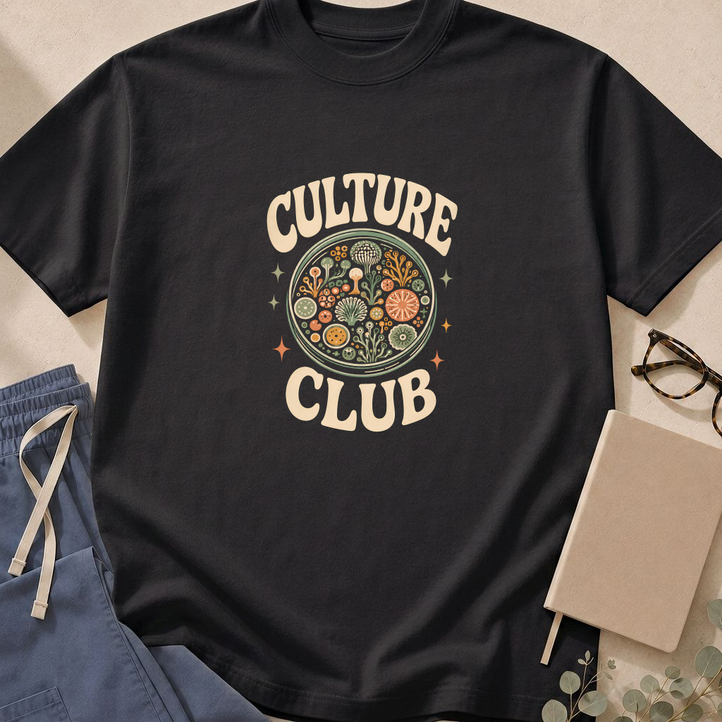 Alternate view of the 'Culture Club Petri Dish' garment-dyed microbiology t-shirt.