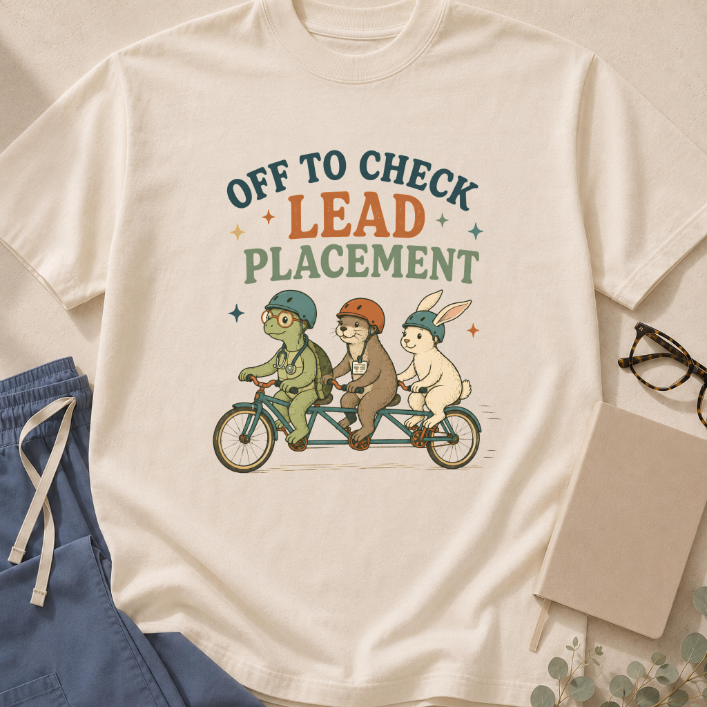 Garment-dyed unisex t-shirt printed with "Off to Check Lead Placement" — EKG and cardiology humor tee