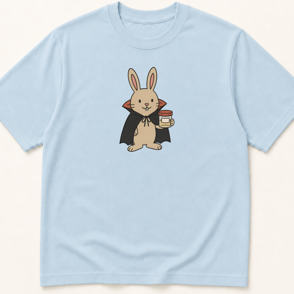 Alternate view of the illustrated Rabbit in Vampire Costume with Specimen Cup garment-dyed t-shirt.
