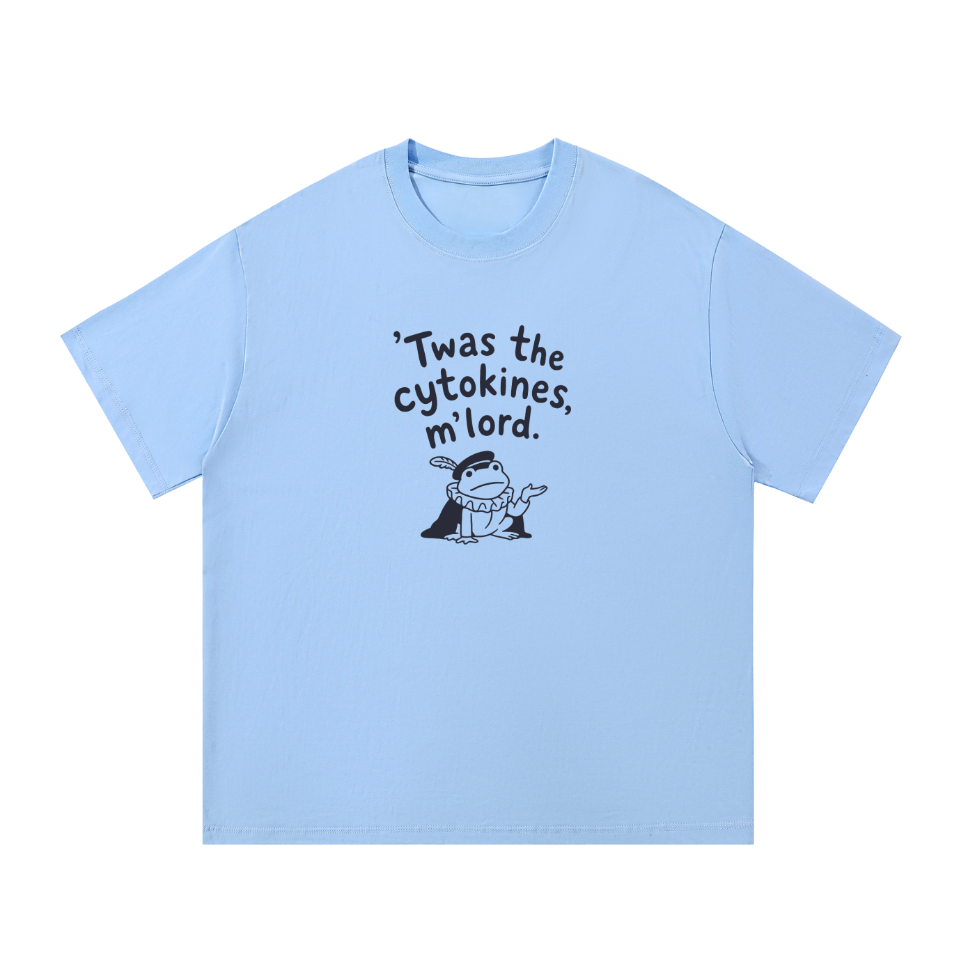 Mockup of apricot cotton T-shirt with a small jester saying '"Twas the cytokines, m'lord."'.