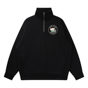Black quarter-zip sweatshirt with 'Nasal Saline and Suction' elephant design