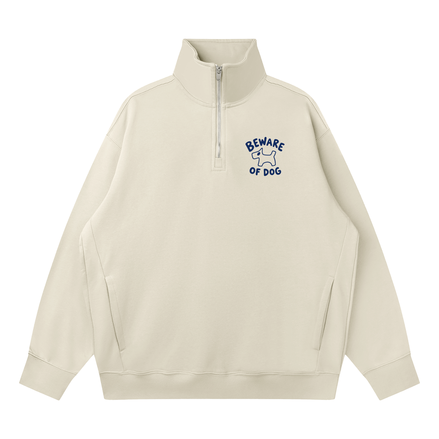 Light gray quarter-zip sweatshirt with 'Beware of Dog' scotty dog design
