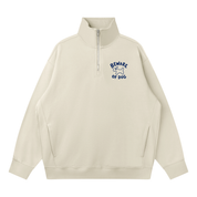 Light gray quarter-zip sweatshirt with 'Beware of Dog' scotty dog design