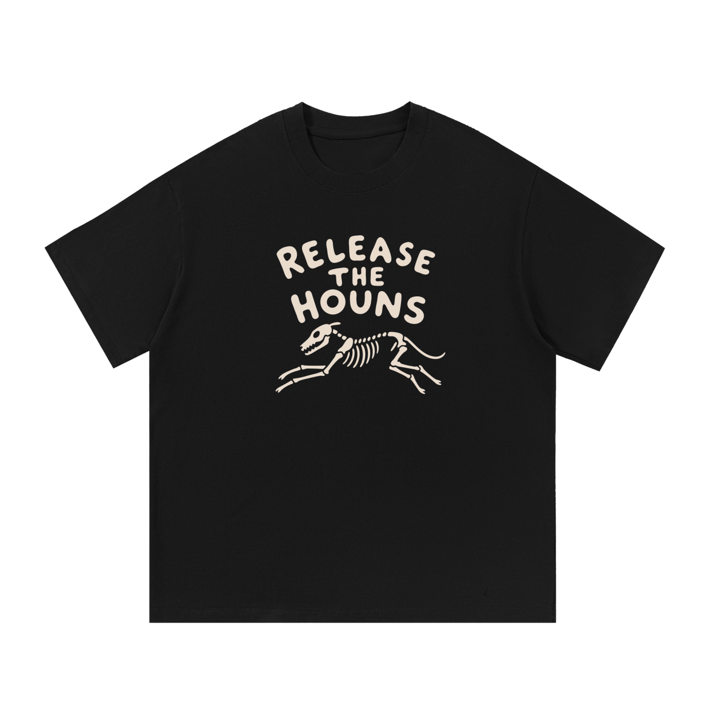 Mockup of a black cotton T-shirt with a cream skeleton dog above the words 'Release the Houns'