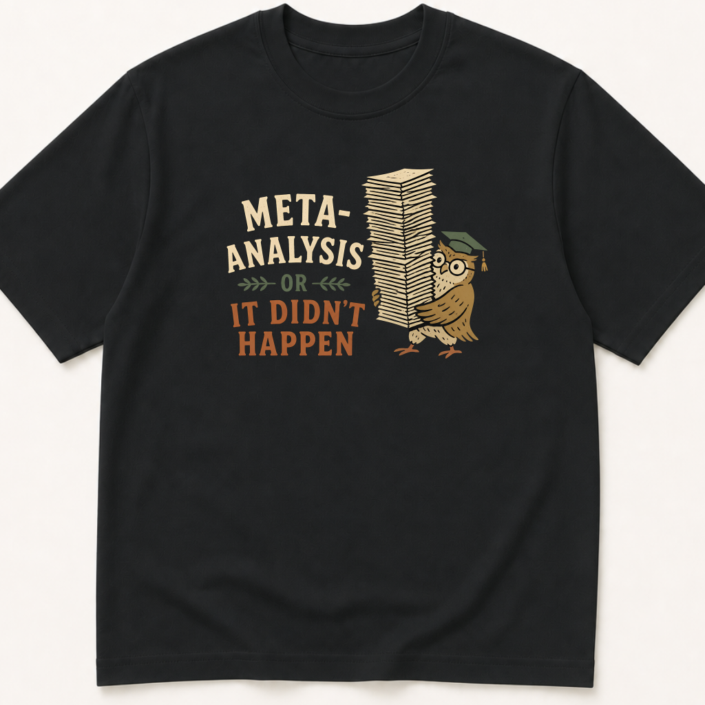 Garment-dyed unisex t-shirt printed with 'Meta-Analysis or It Didn't Happen' — Epidemiology humor tee for Evidence-Based Medicine, Family Medicine, and Internal Medicine professionals.