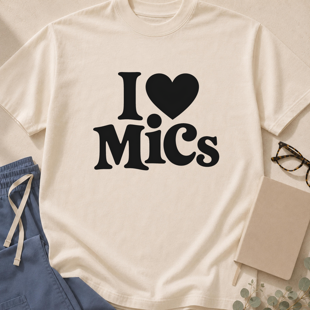 Alternate Ivory colorway of the "I Heart MICs" garment-dyed microbiology t-shirt
