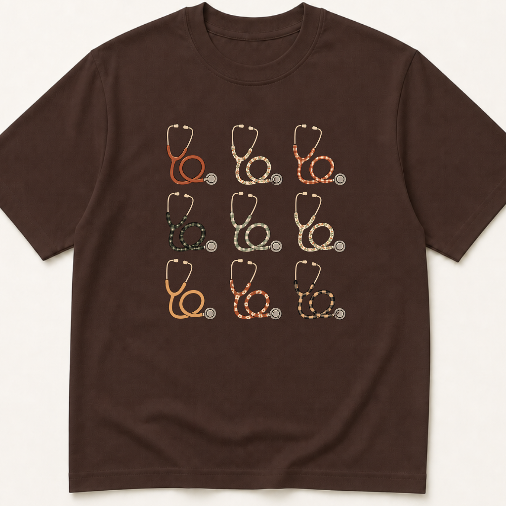 Garment-dyed unisex t-shirt featuring an illustrated Fall-Themed Stethoscopes design — Family Medicine humor tee for General Medicine, Internal Medicine, and Nursing professionals.