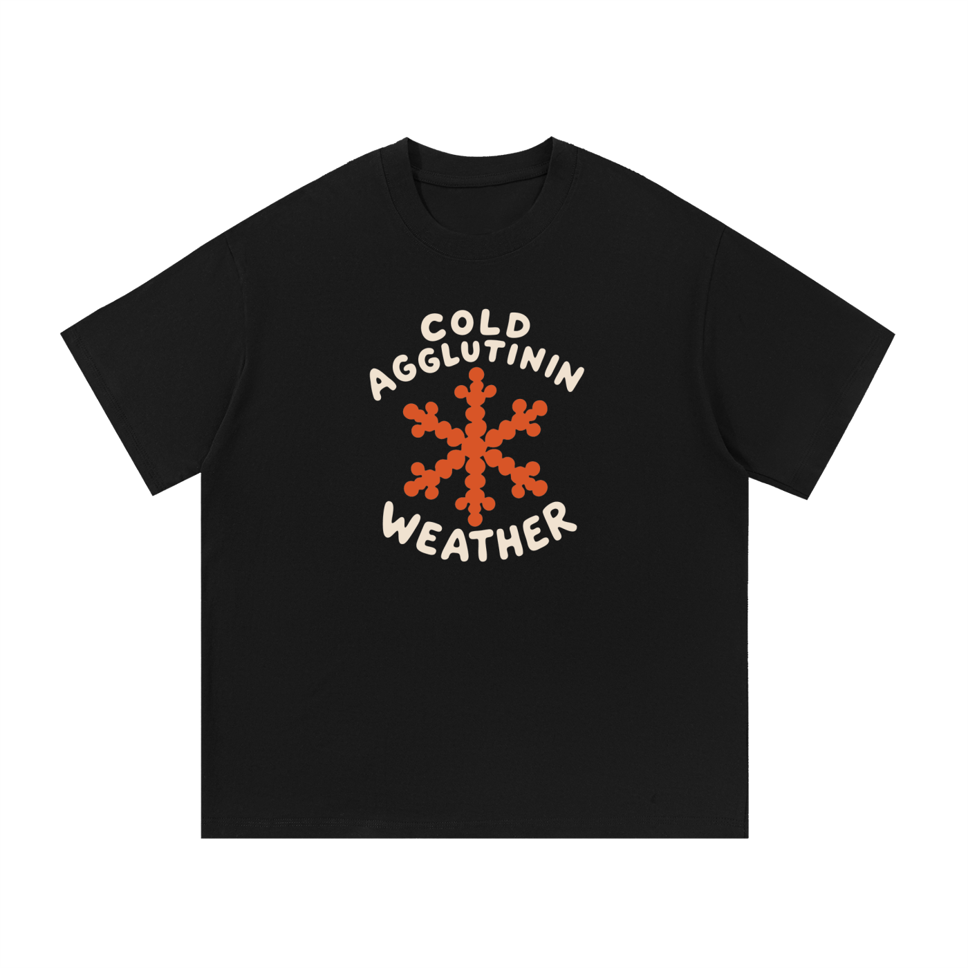 Mockup of a black cotton T-shirt with an orange snowflake and the text 'Cold Agglutinin Weather.'