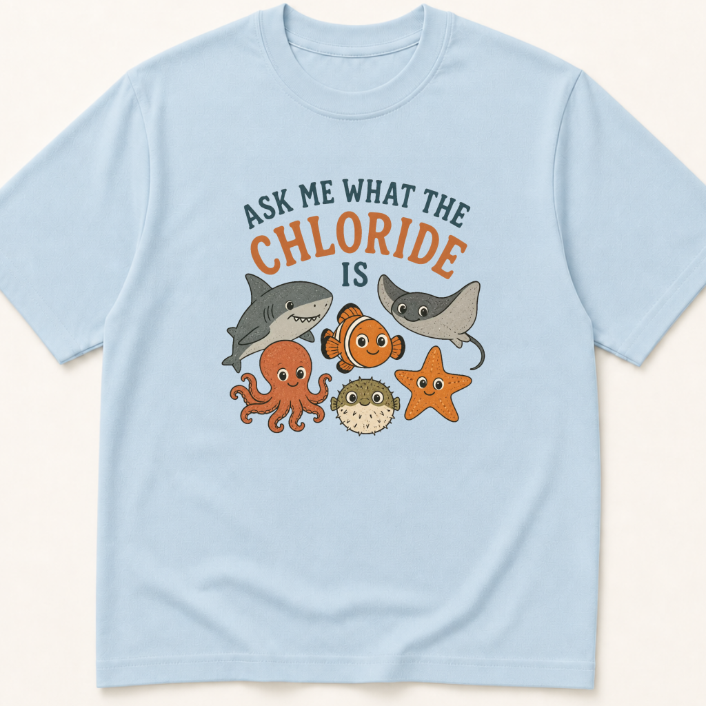 Garment-dyed unisex t-shirt printed with 'Ask Me What the Chloride Is' — Critical Care humor tee for Emergency Medicine, Internal Medicine, and Nephrology professionals.
