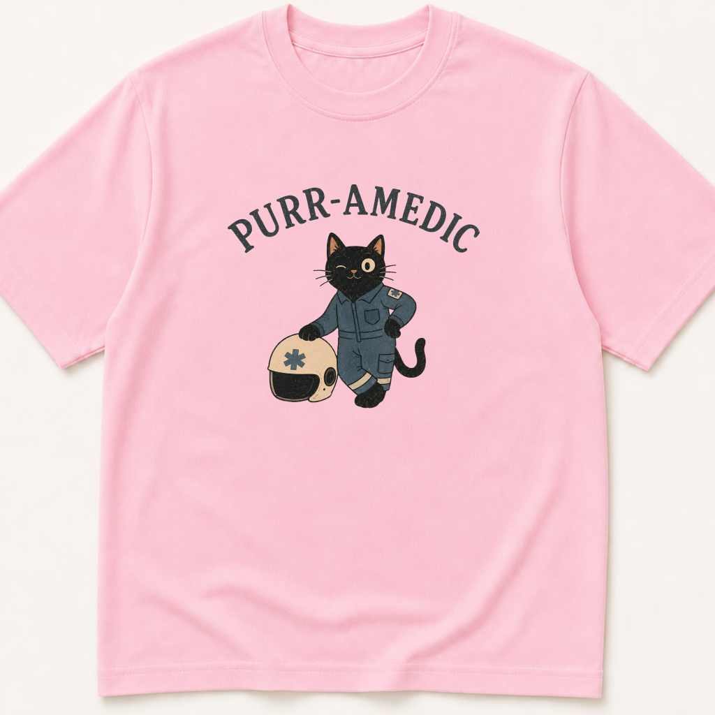 Alternate view of the illustrated Purr-amedic Cat EMT garment-dyed t-shirt.