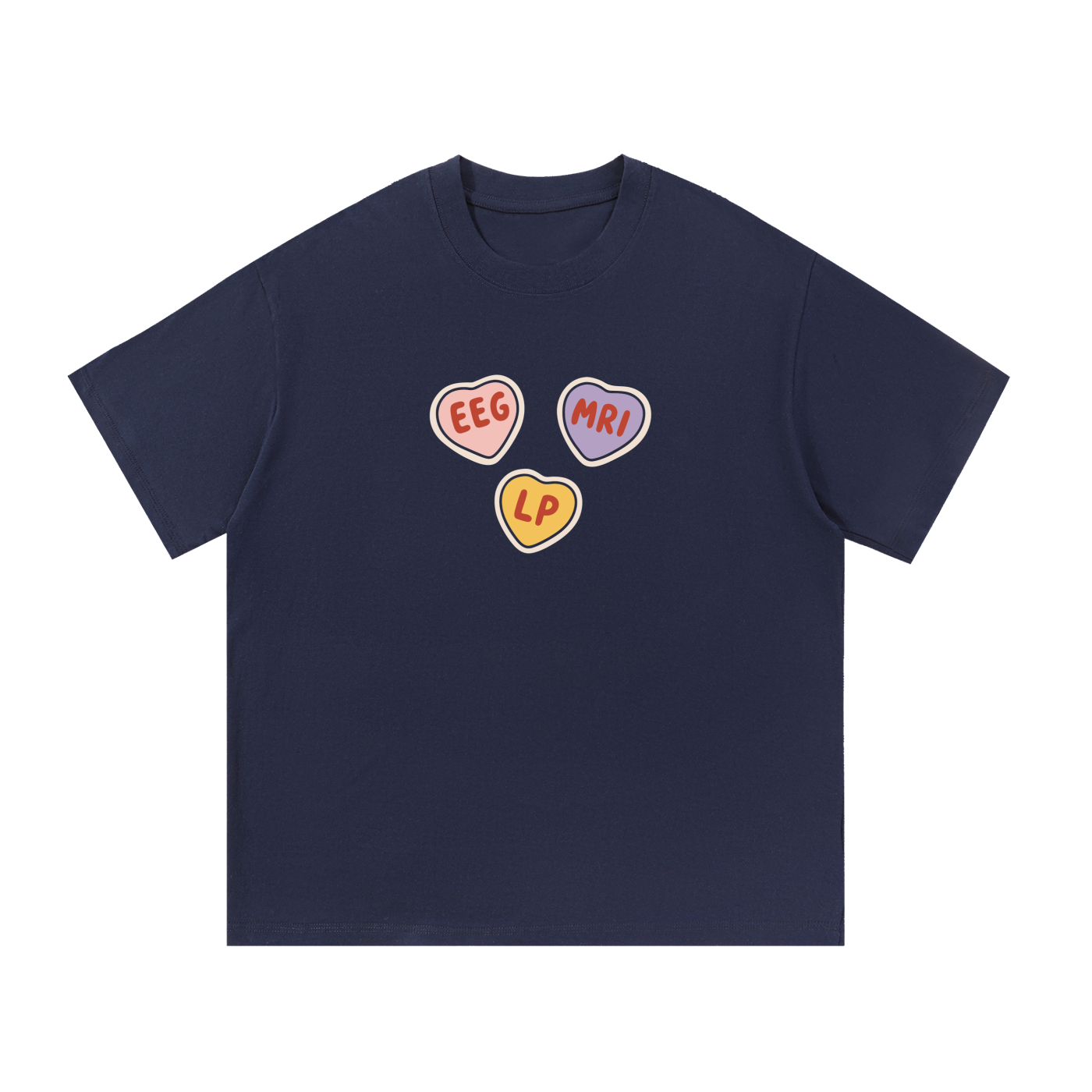 Mockup of a navy blue cotton T-shirt with three candy hearts reading 'EEG', 'MRI' and 'LP'