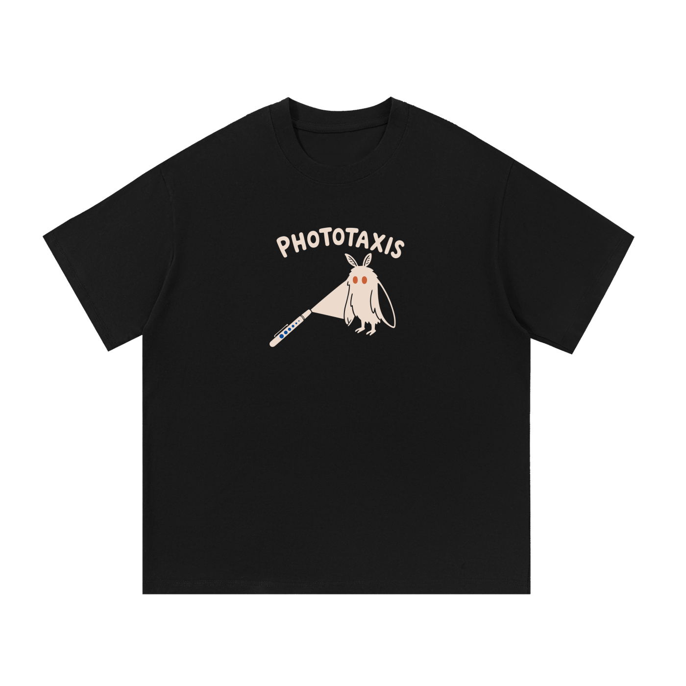 Mockup of black cotton T-shirt with Moth Man flying toward a penlight with the word "Phototaxis".