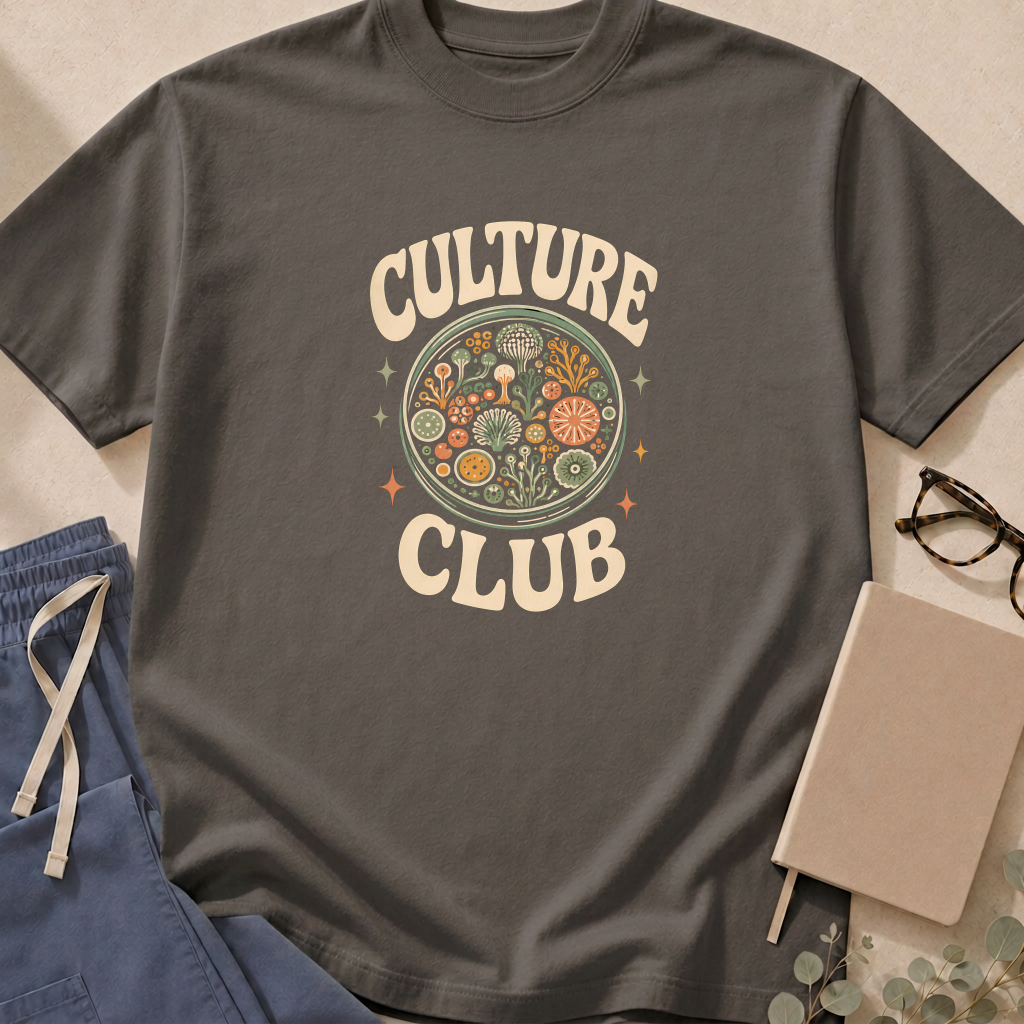 Garment-dyed unisex t-shirt printed with 'Culture Club Petri Dish' — microbiology humor tee for lab professionals.