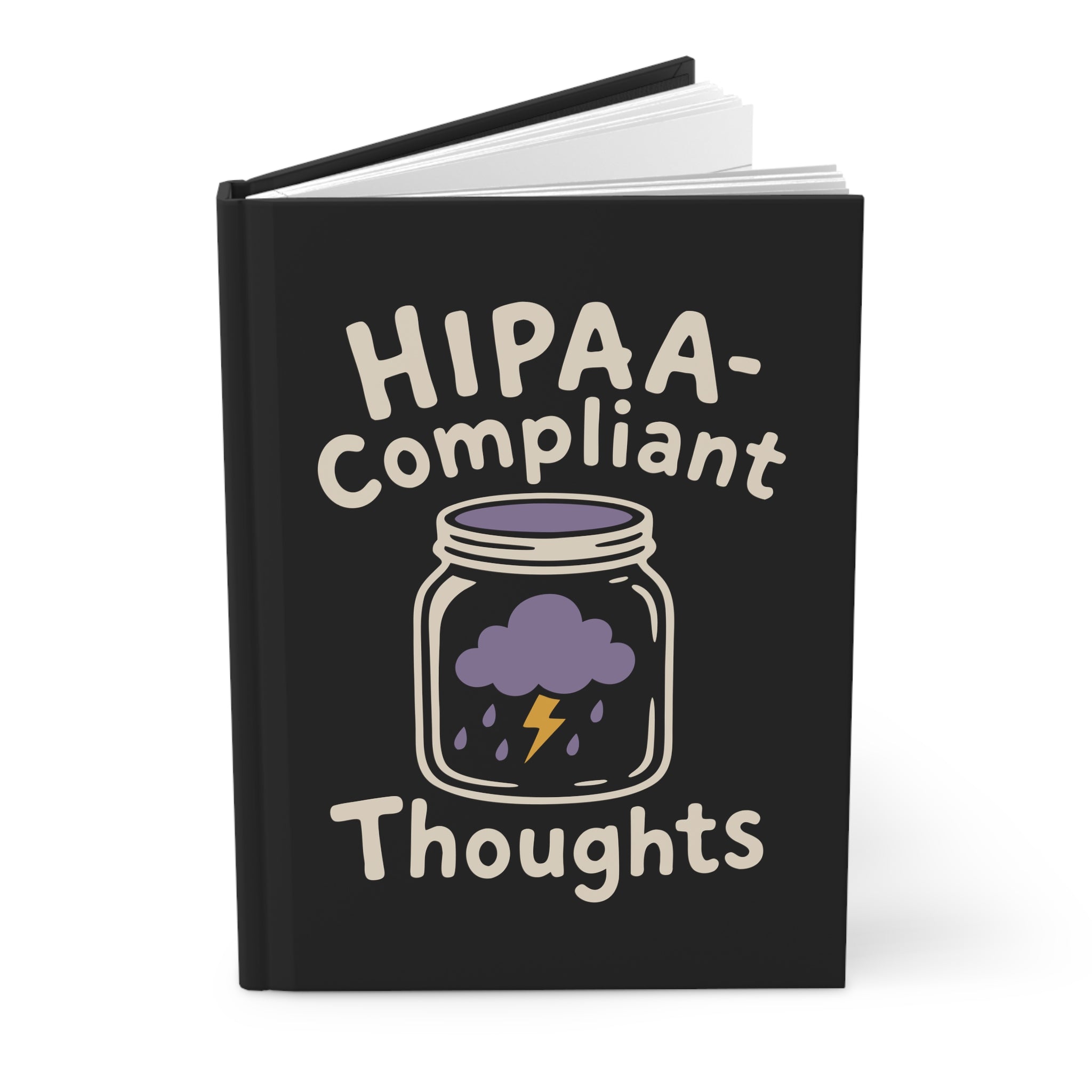 Angled mockup of a black hardcover journal with "HIPAA-Compliant Thoughts" and a jar with a purple storm cloud