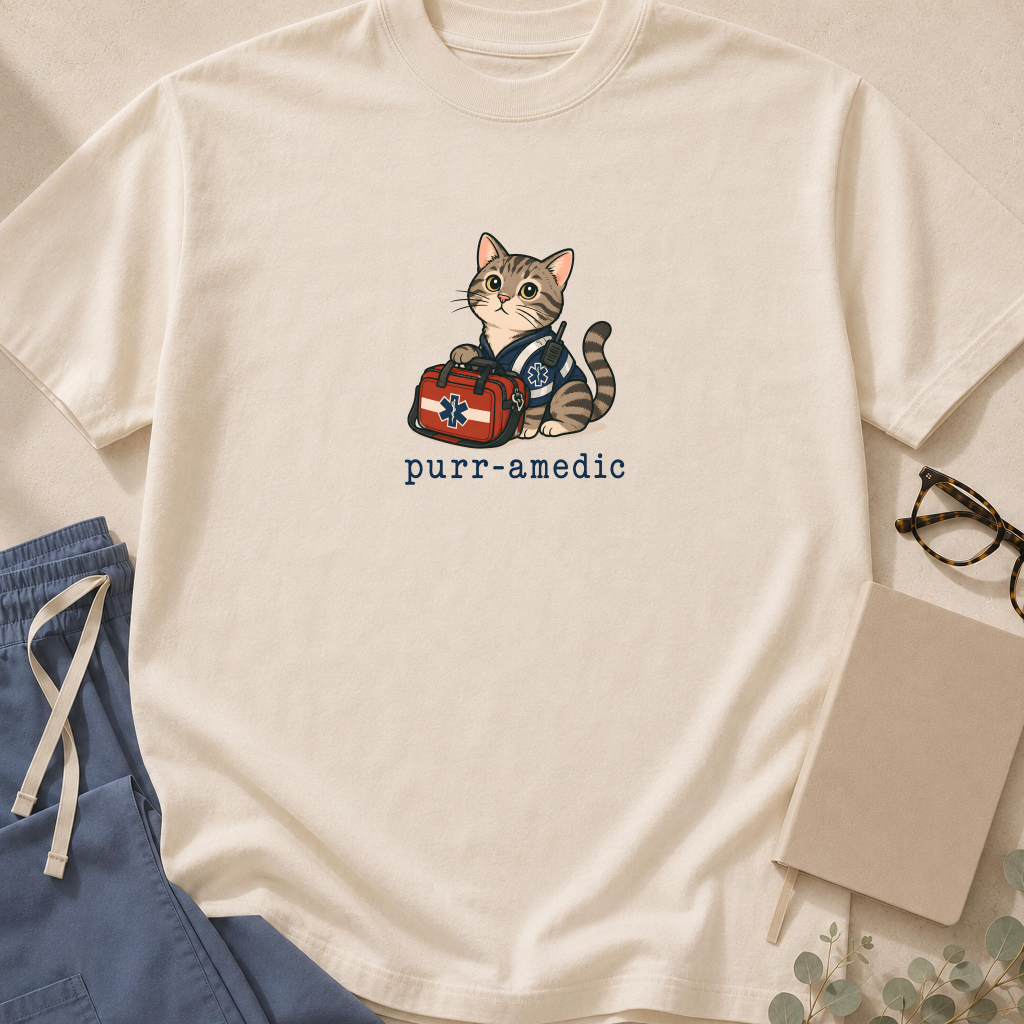 Garment-dyed unisex t-shirt featuring a cartoon cat in an EMT uniform — a 'Purr-amedic' pun tee for EMTs and paramedics.