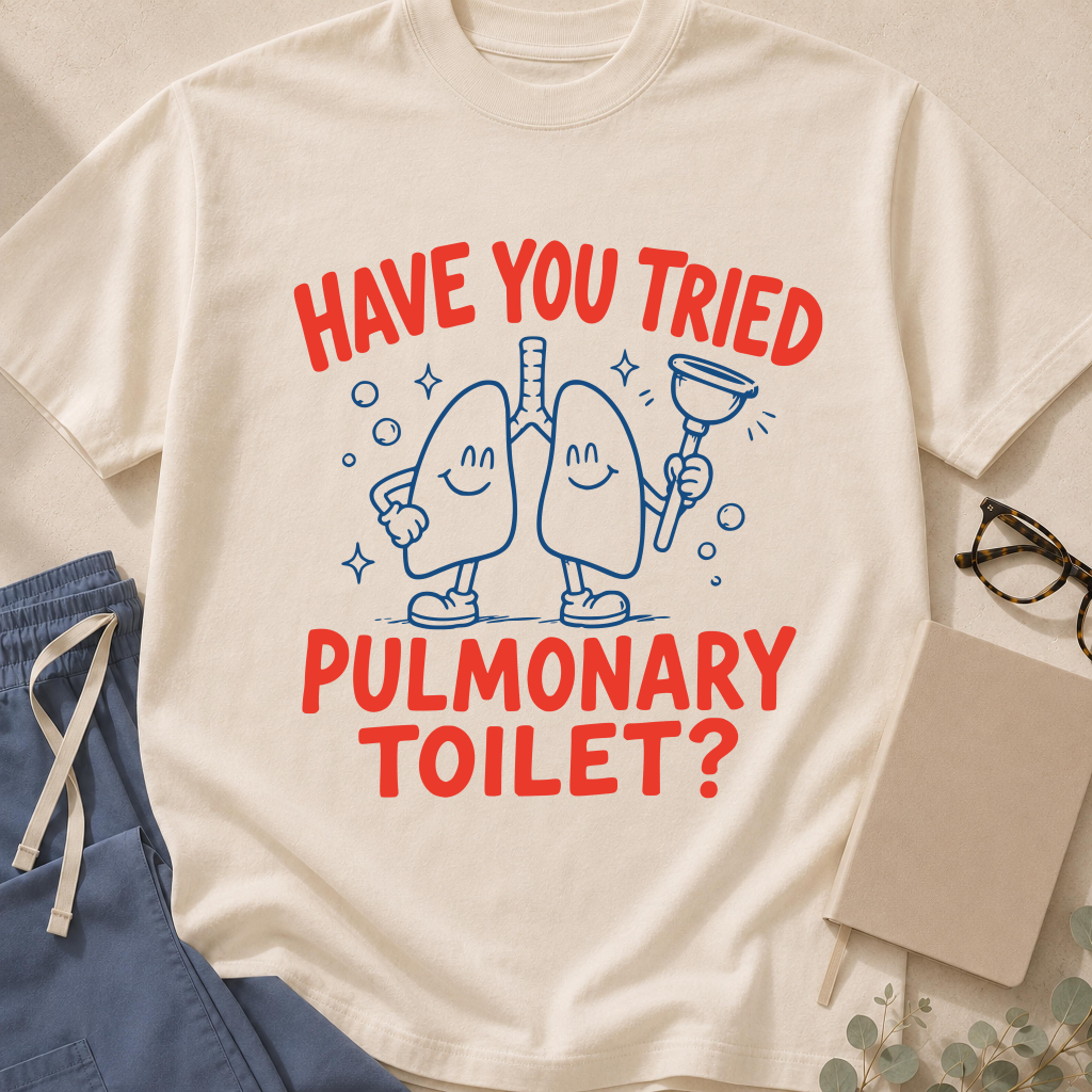 Garment-dyed unisex t-shirt printed with "Have You Tried Pulmonary Toilet" — respiratory therapy humor tee
