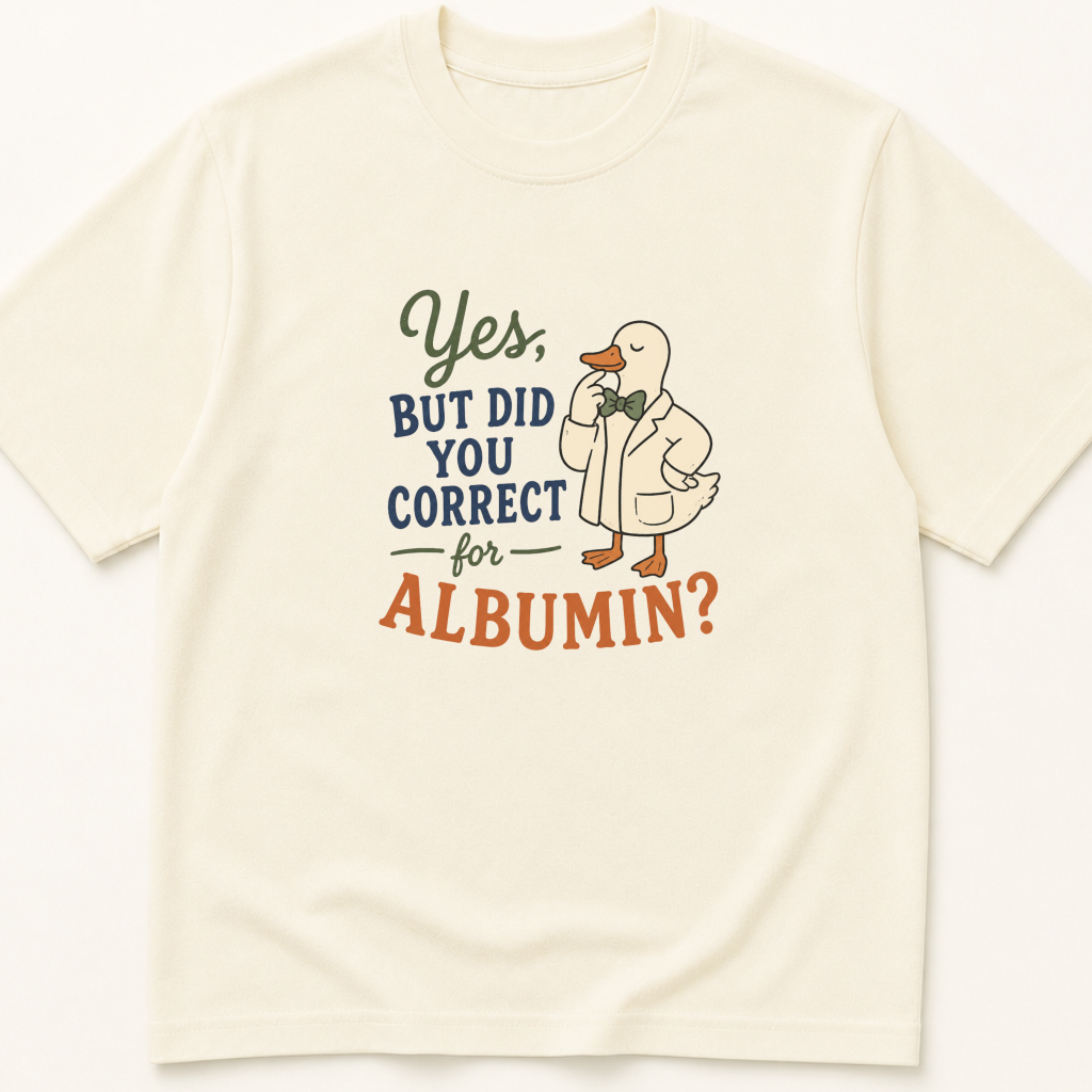 Garment-dyed unisex t-shirt printed with 'Correct for Albumin' — Critical Care humor tee for Endocrinology, Internal Medicine, and Nephrology professionals.
