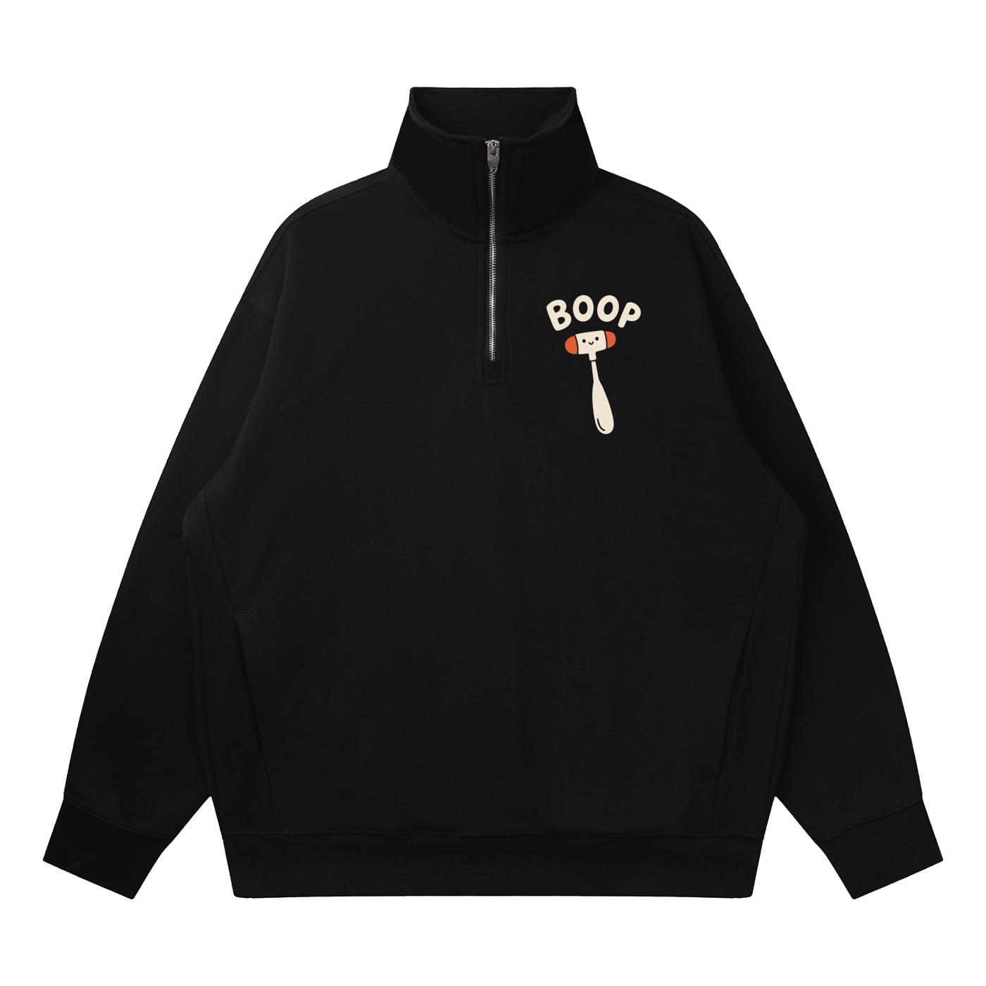Black quarter-zip sweatshirt with 'Boop' reflex hammer design