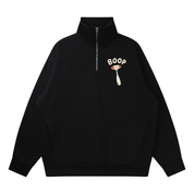 Black quarter-zip sweatshirt with 'Boop' reflex hammer design