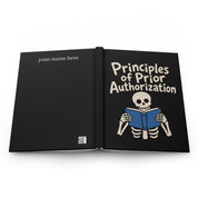Mockup of a black journal laid open flat, back cover 'your name here' and front 'Principles of Prior Authorization'