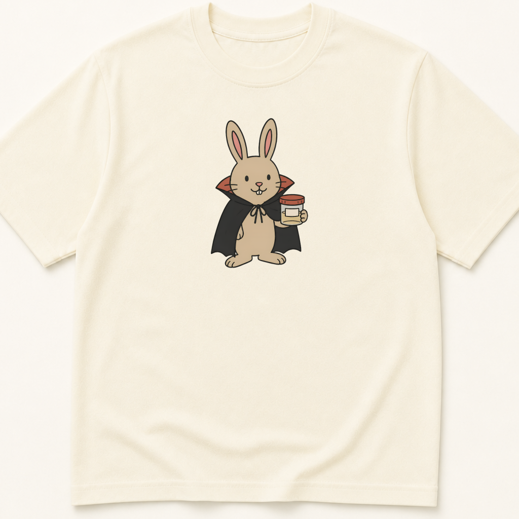 Garment-dyed unisex t-shirt featuring an illustrated Rabbit in Vampire Costume with Specimen Cup design — Laboratory Medicine humor tee for Nursing and Phlebotomy professionals.