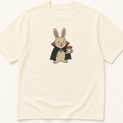 Garment-dyed unisex t-shirt featuring an illustrated Rabbit in Vampire Costume with Specimen Cup design — Laboratory Medicine humor tee for Nursing and Phlebotomy professionals.