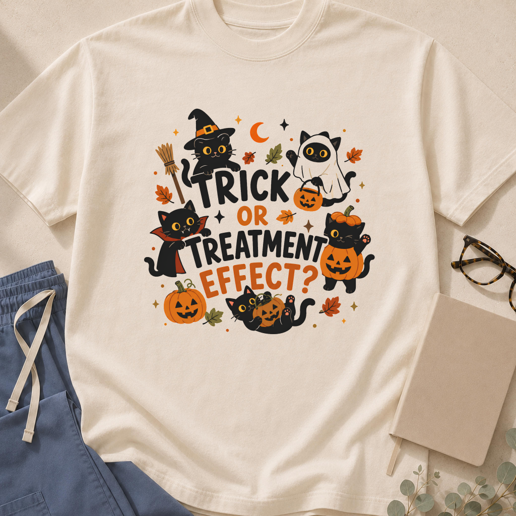 Garment-dyed unisex t-shirt printed with "Trick or Treatment Effect" — evidence-based medicine Halloween humor tee for researchers and physicians
