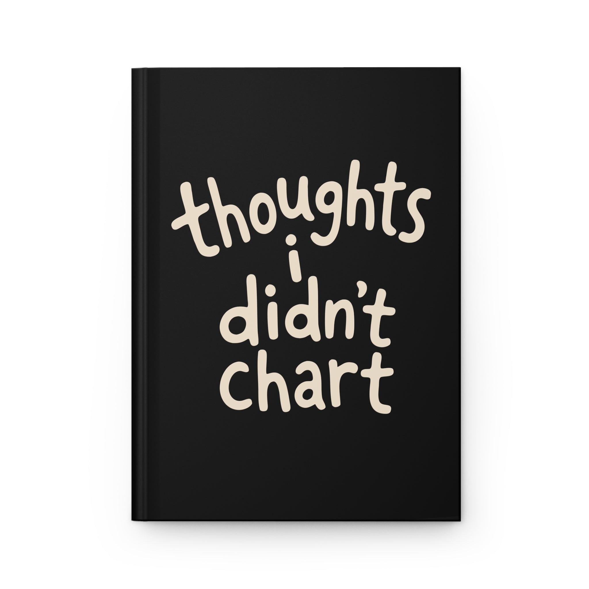 Mockup of a black hardcover journal front cover with cream lettering reading 'thoughts i didn't chart'