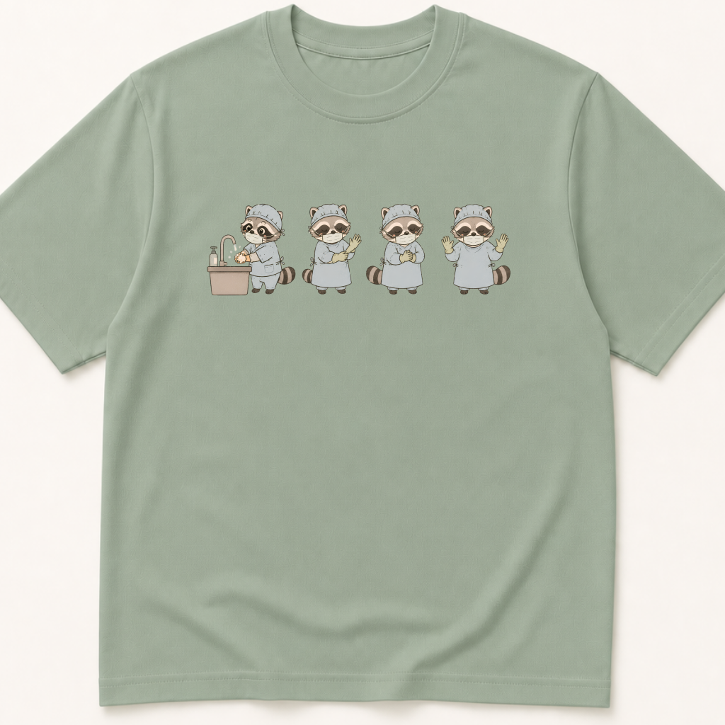 Alternate view of the illustrated Scrubbing In Raccoon garment-dyed t-shirt.