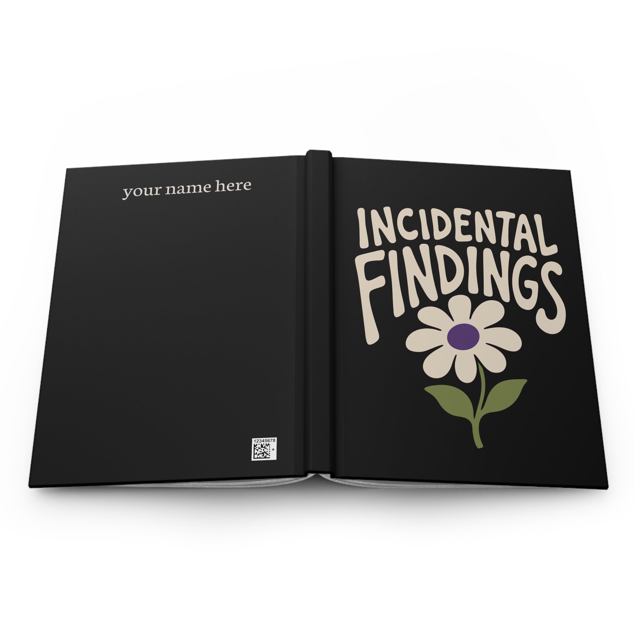Black hardcover journal open flat showing 'Incidental Findings' front cover and back cover with 'your name here'