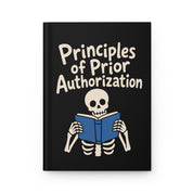 Mockup of a black hardcover journal, front cover reads 'Principles of Prior Authorization' with a skeleton holding a blue book