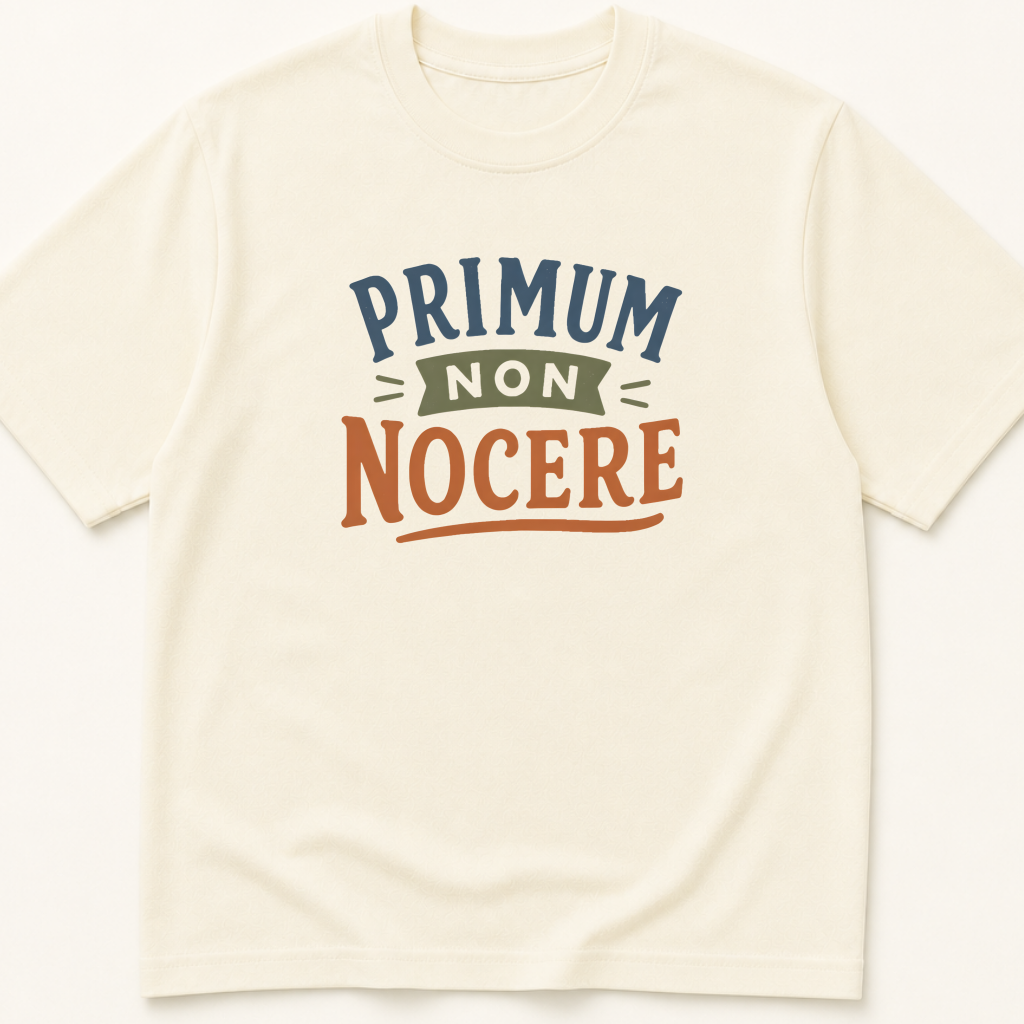 Garment-dyed unisex t-shirt printed with 'Primum Non Nocere' — Family Medicine humor tee for General Medicine, Internal Medicine, and Nursing professionals.