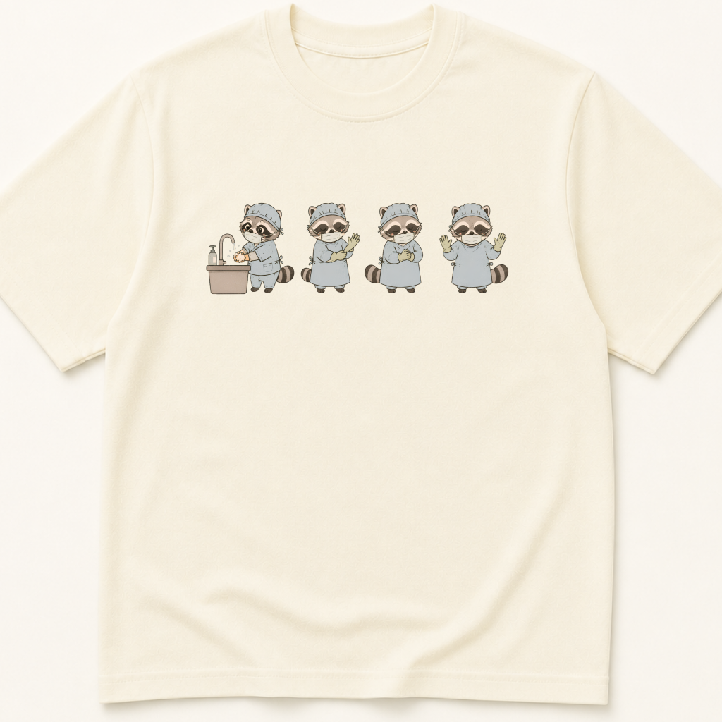 Garment-dyed unisex t-shirt featuring an illustrated Scrubbing In Raccoon design — Nursing humor tee for Surgery and Surgical Technology professionals.