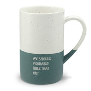 Mockup of a forest green speckled mug engraved with 'We Should Probably Rule That Out'