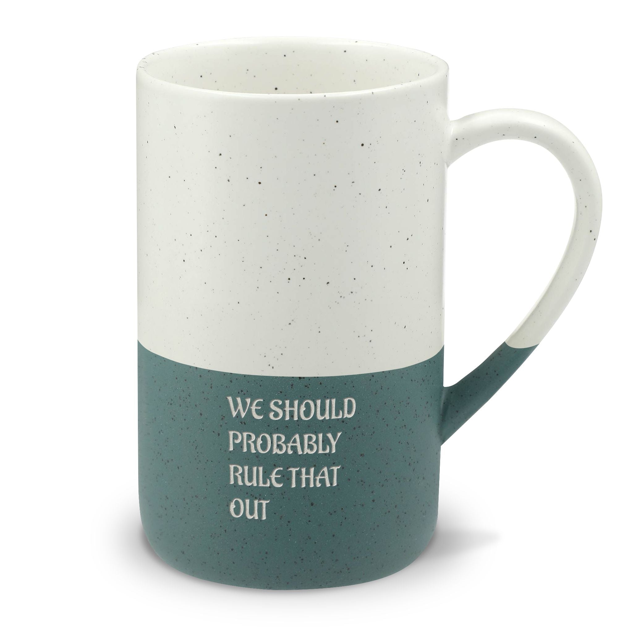 Mockup of a forest green speckled mug engraved with 'We Should Probably Rule That Out'