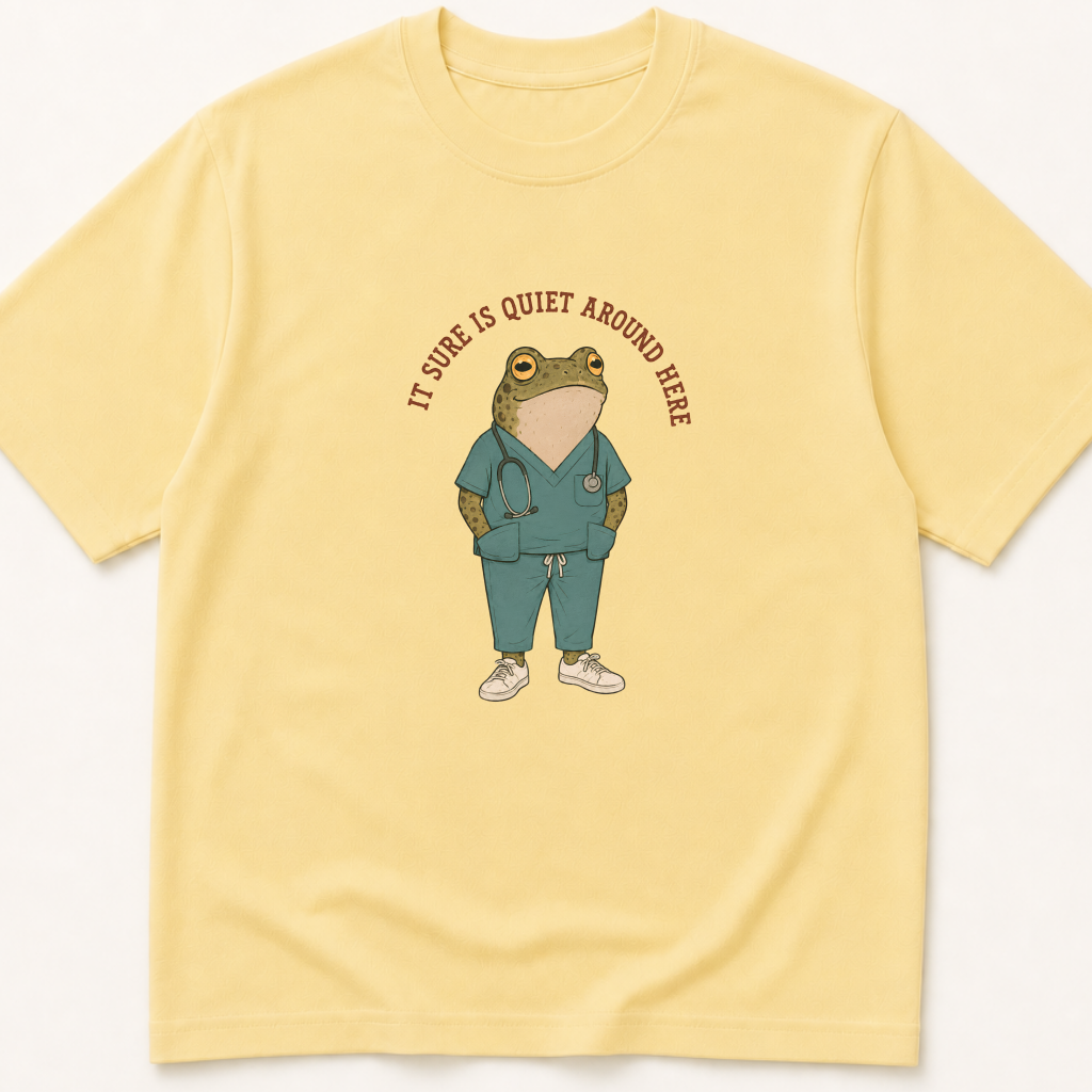 Alternate view of the illustrated It Sure Is Quiet Around Here Frog garment-dyed t-shirt.