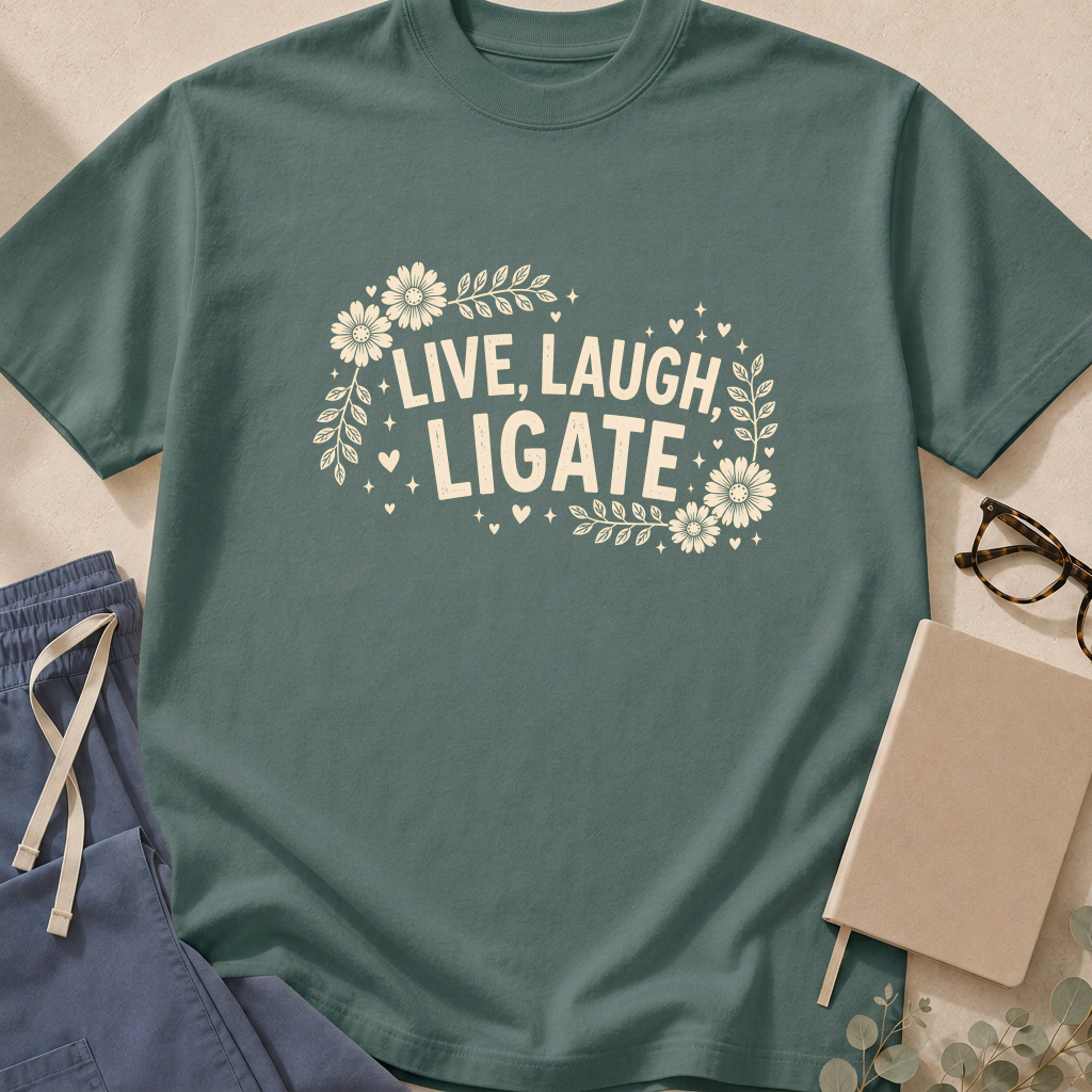 Detail view of the "Live Laugh Ligate" garment-dyed surgery t-shirt.