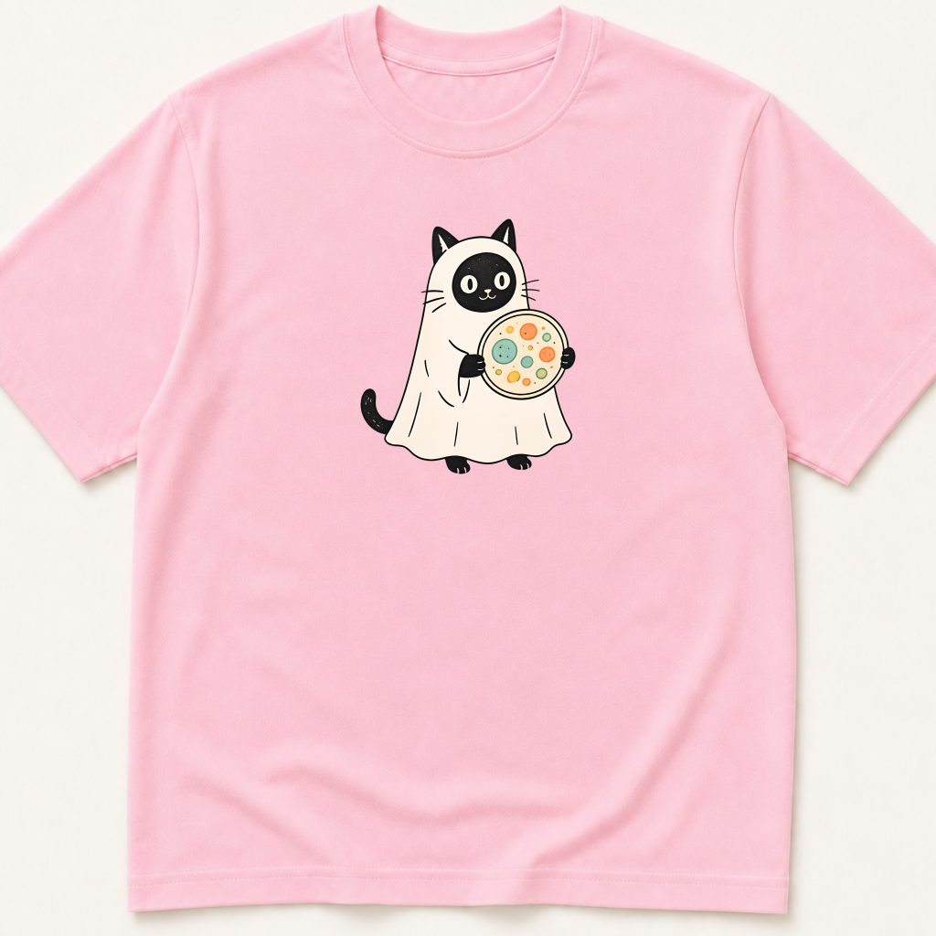 Alternate view of the illustrated Cat in Ghost Costume Holding a Petri Dish garment-dyed t-shirt.