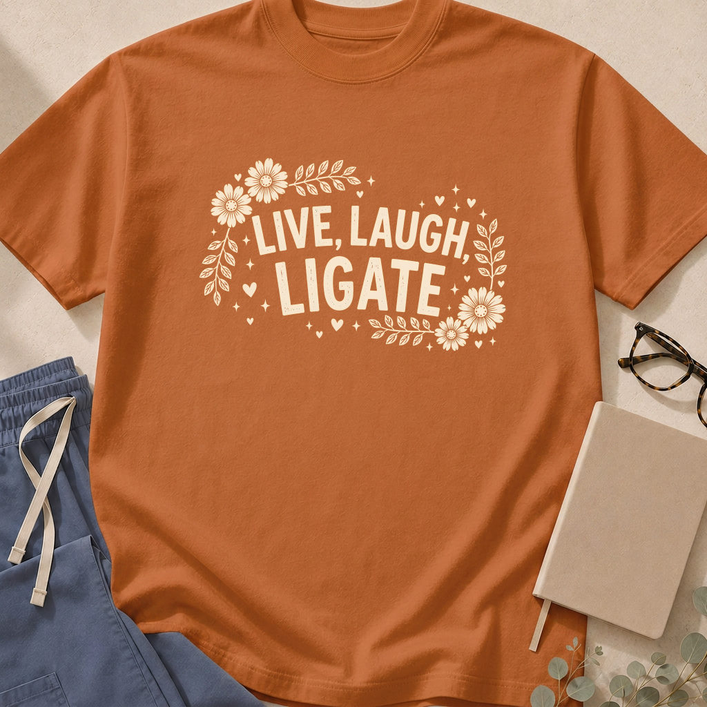 Additional colorway of the "Live Laugh Ligate" garment-dyed surgery t-shirt.