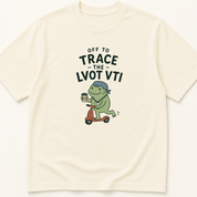Garment-dyed unisex t-shirt printed with 'Off to Trace the LVOT VTI' — Cardiology humor tee for Critical Care, Echocardiography, and Sonography professionals.