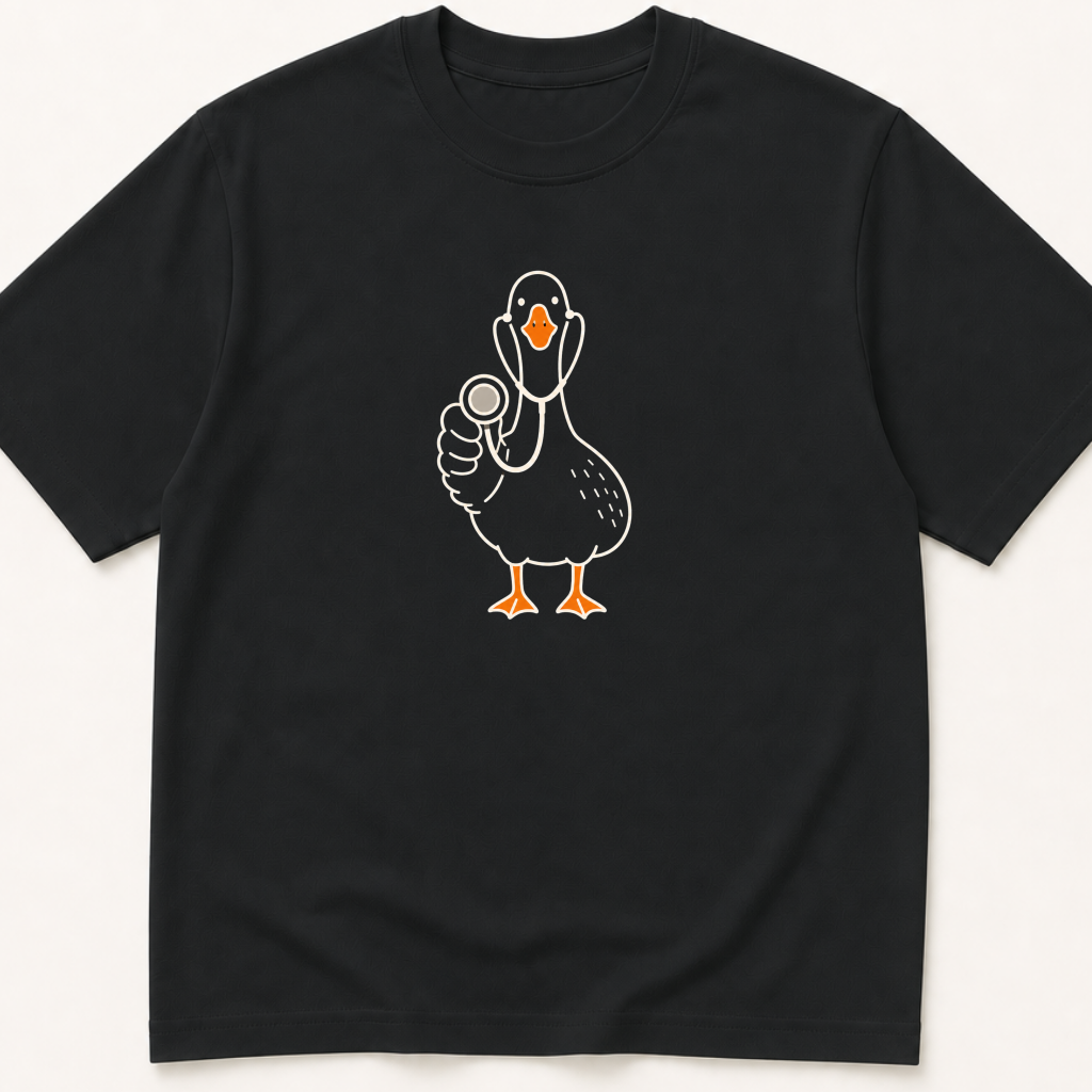 Garment-dyed unisex t-shirt featuring an illustrated Goose with Stethoscope design — Family Medicine humor tee for General Medicine, Internal Medicine, and Nursing professionals.