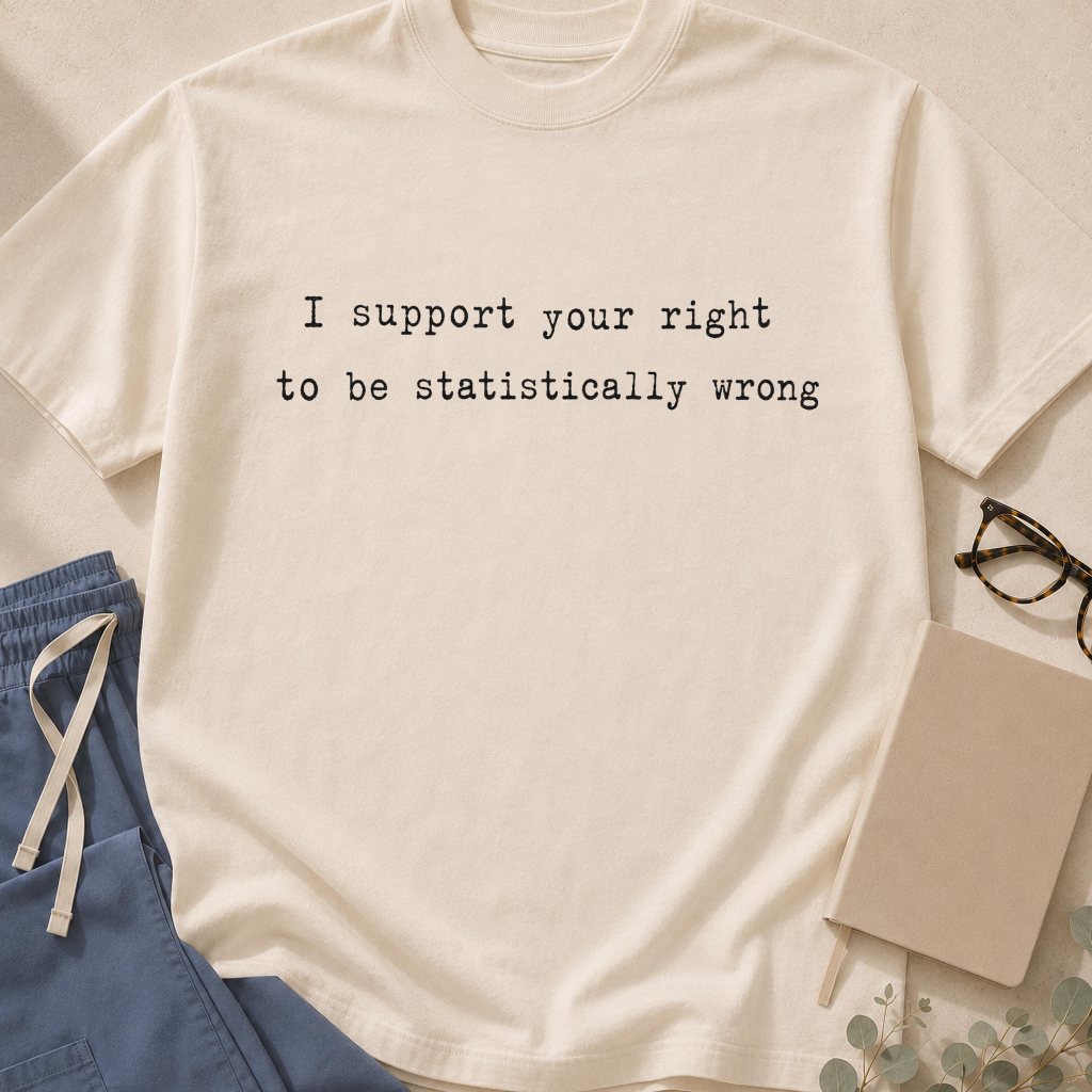 Garment-dyed unisex t-shirt printed with "I Support Your Right to Be Statistically Wrong" — evidence-based medicine humor tee for researchers and epidemiologists