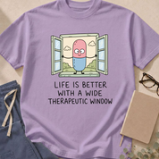 Additional colorway of the 'Life Is Better With a Wide Therapeutic Window' garment-dyed pharmacology t-shirt.