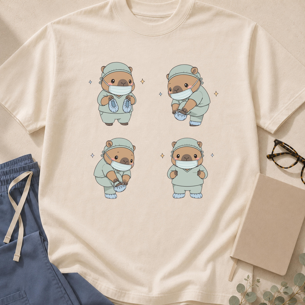 Garment-dyed unisex t-shirt featuring an illustrated capybara putting on surgical shoe covers — OR humor tee for surgical techs and OR nurses.