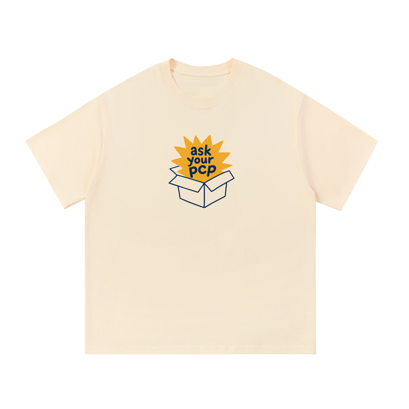 Mockup of apricot cotton T-shirt with a sunburst bursting from a box with the words "ask your pcp".