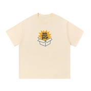 Mockup of apricot cotton T-shirt with a sunburst bursting from a box with the words "ask your pcp".