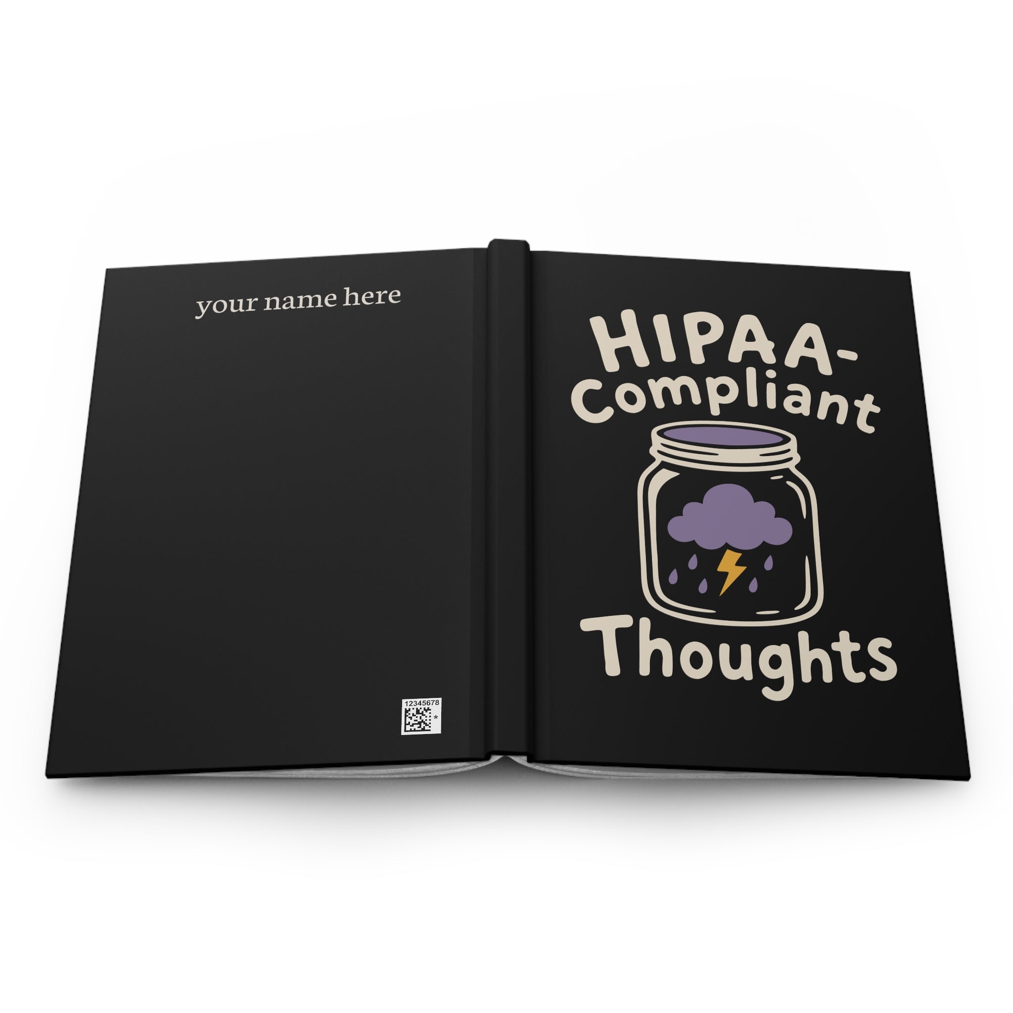 Flat open mockup of a black journal, back cover "your name here", front cover "HIPAA-Compliant Thoughts" with a jar