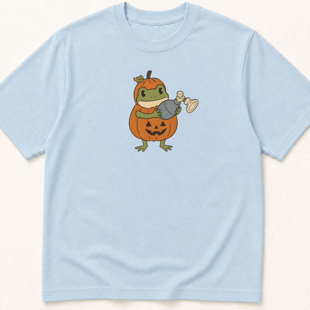 Alternate view of the illustrated Frog in Pumpkin Costume Holding Bag Mask Ventilation garment-dyed t-shirt.