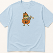 Alternate view of the illustrated Frog in Pumpkin Costume Holding Bag Mask Ventilation garment-dyed t-shirt.