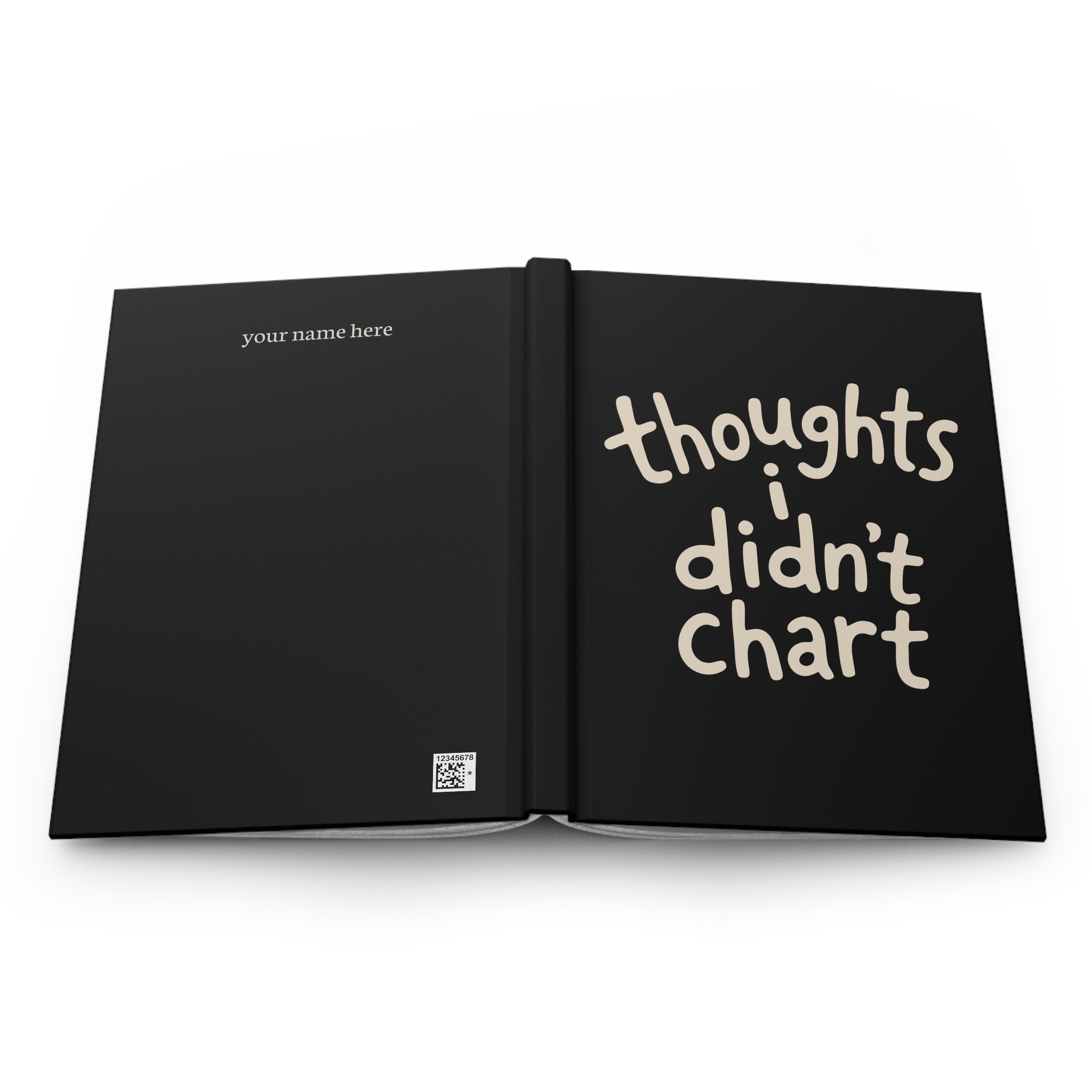 Mockup of a black journal lying open flat showing back cover 'your name here' and front 'thoughts i didn't chart'